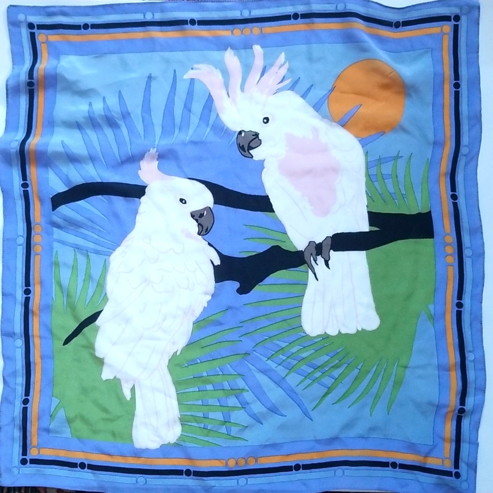 Square Scarf White Parakeets Multicolored